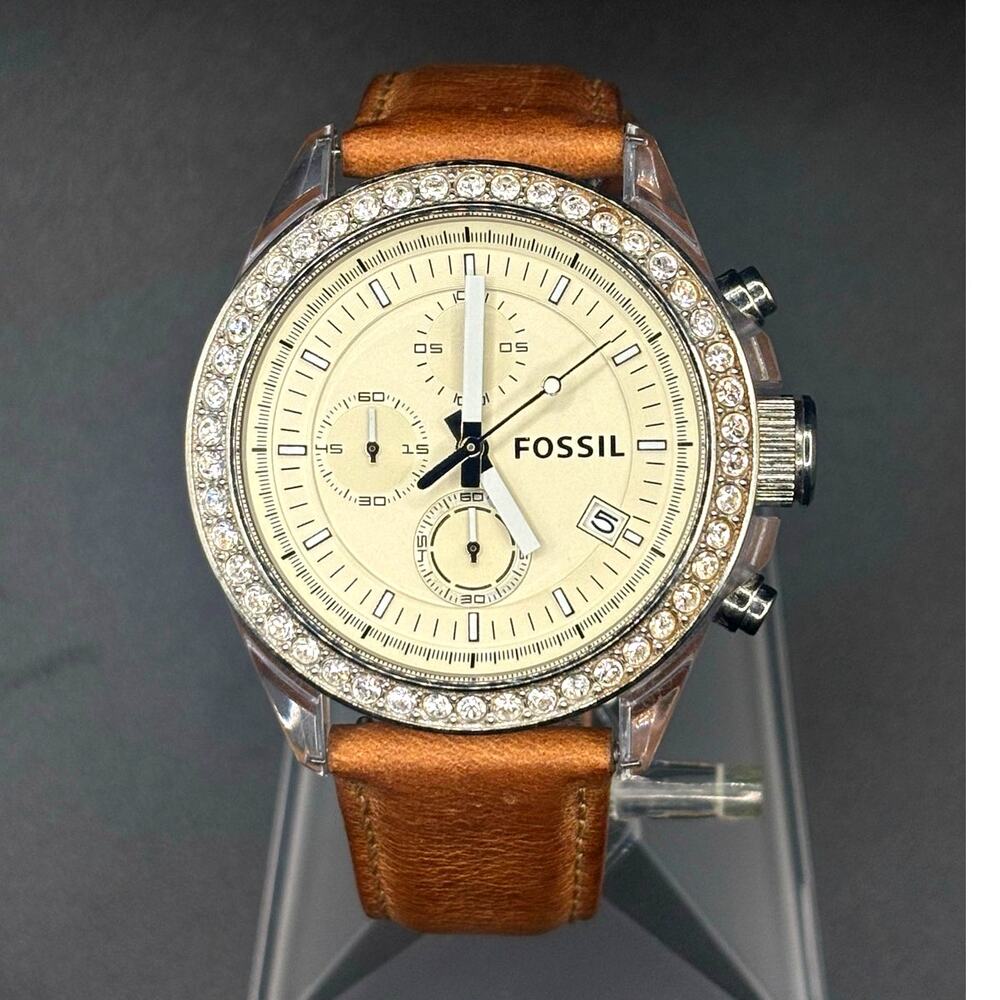 Fossil Haywood CH2854 Chronograph Crystal Bezel Clear Case Leather Watch 45mm